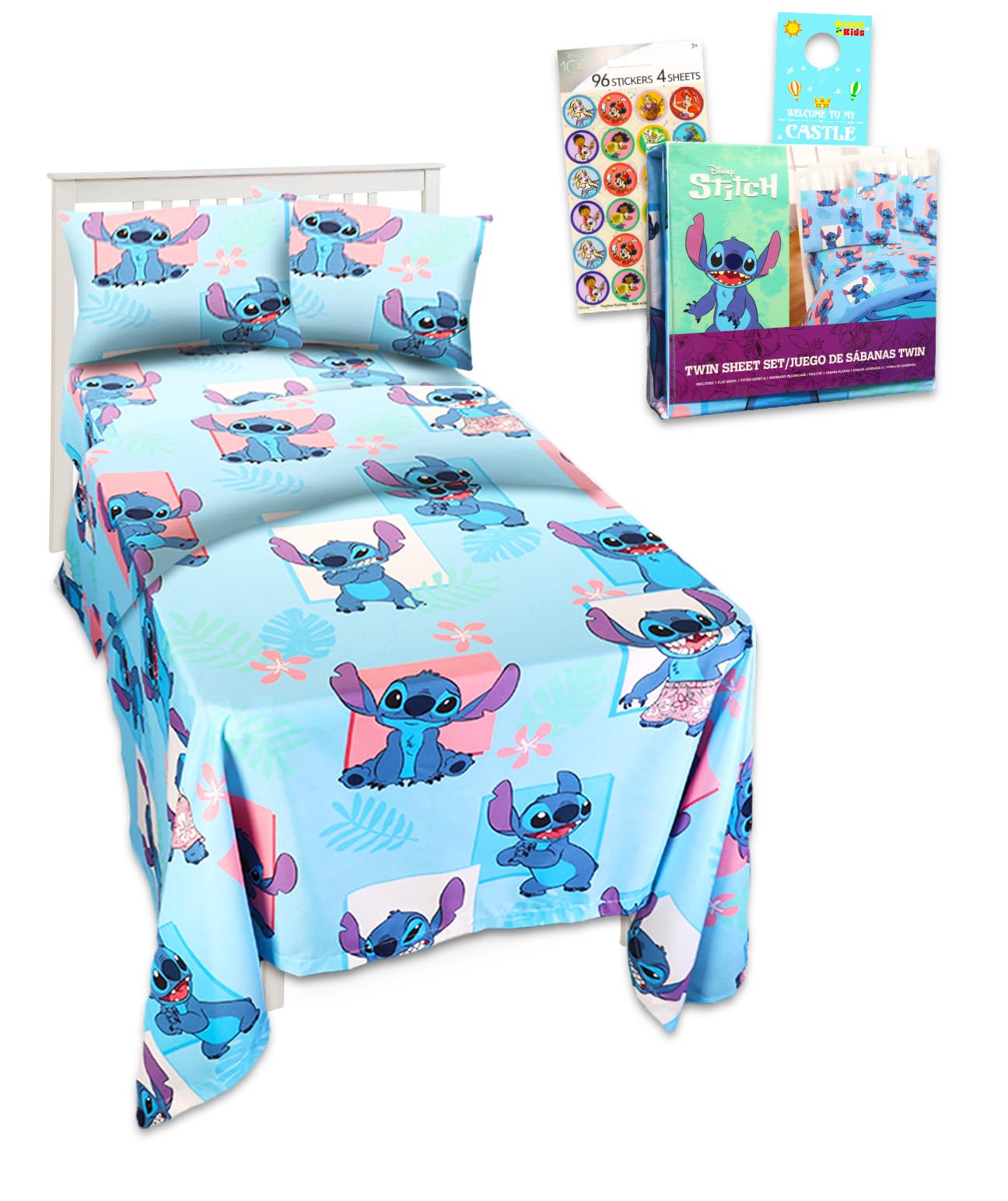 Stitch Twin Size Bedding Set for Toddlers - Lilo and Stitch Twin Bedding Bundle Includes Stitch Sheets with Flat Sheet, Fitted Sheet, and Pillowcase for Twin Bed Plus Stickers | Stitch Bedroom Decor