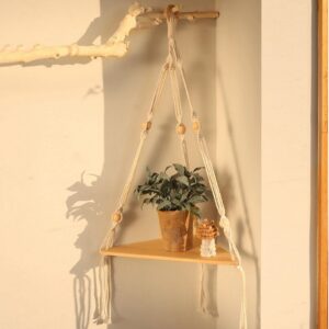 Generic Macrame Hanging Shelf Shelf Rustic White Handmade Corner Rope Shelf for, 32.5cmx23.5cmx75cm, Beige