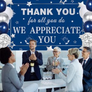 We Appreciate You Decorations Blue Silver Thank You Banner with Balloons Arch Kit We Appreciate You Backdrop for Employee Staff Teacher Doctors Nurse Poaster Volunteer Appreciation Week Party Decor