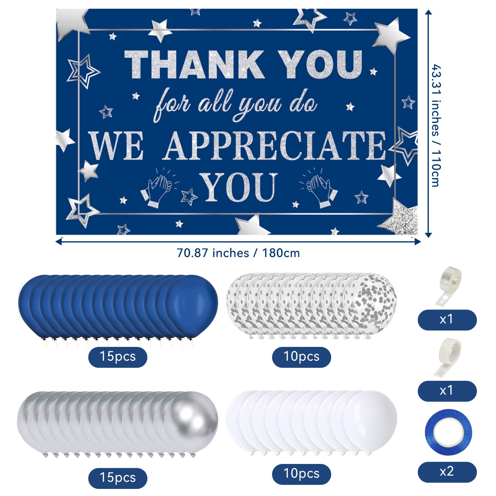 We Appreciate You Decorations Blue Silver Thank You Banner with Balloons Arch Kit We Appreciate You Backdrop for Employee Staff Teacher Doctors Nurse Poaster Volunteer Appreciation Week Party Decor