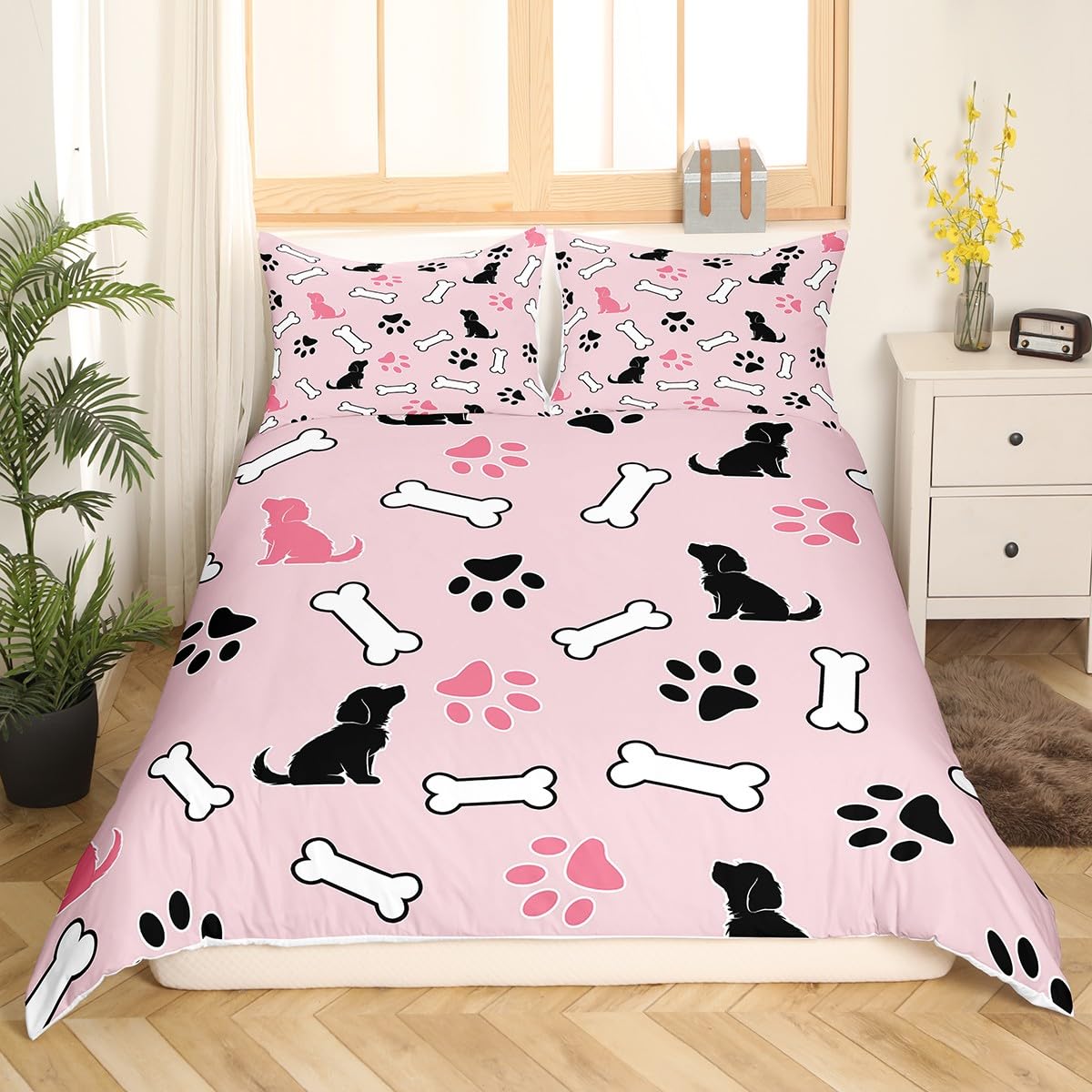 Castle Fairy Cute Dog Pattern Bedding Set,Pink Black White Comforter Cover Set for Teens Women Room Decor,Dog Paw Print Duvet Cover Breathable Kawaii Animals Bedspread Cover Full Size