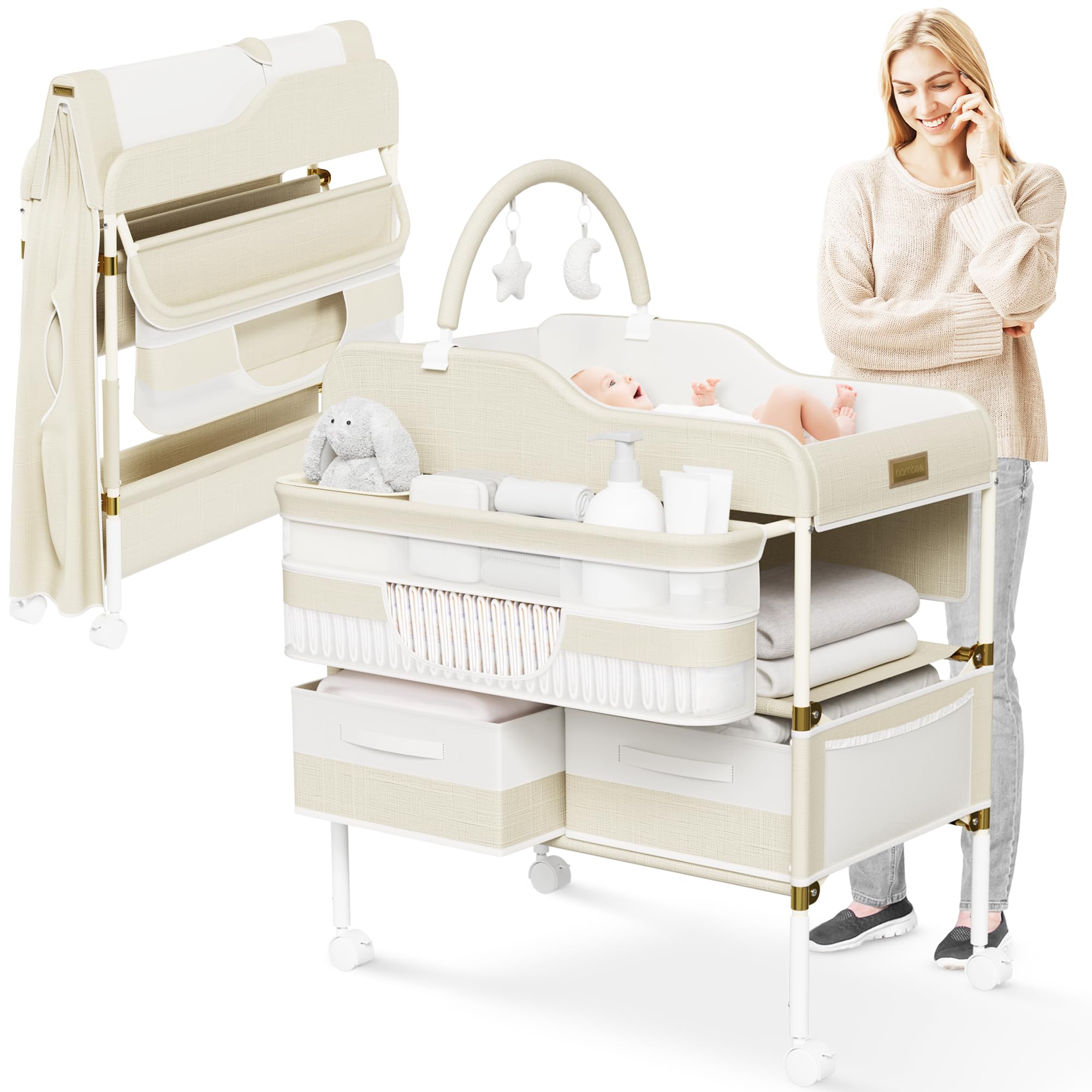 Portable Baby Changing Table with Wheels - Modern Dresser Changing Tables w/Hanging Toys, Laundry Bag, Changing Table Organizer Boxes - Folding Waterproof Baby Diaper Changing Station for Nursery