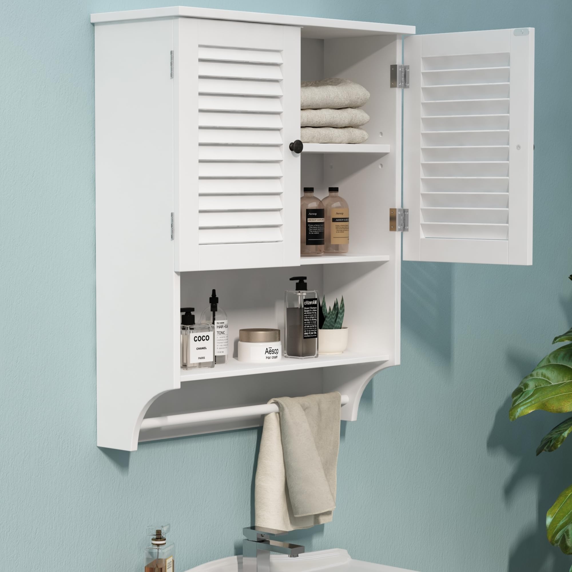 ChooChoo Medicine Cabinet with Towels Bar, 23.6" L x7.9 W x27.5 H MDF Material Bathroom Wall Cabinet, 2 Doors Over The Toilet Space Saver Storage Cabinet with Large Space, White