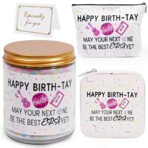 birthday gift candle sets, music themed birthday merch with makeup bag, jewelry case, lavender handmade candle, birthday card are in a gift box, friendship birthday gifts for women girls