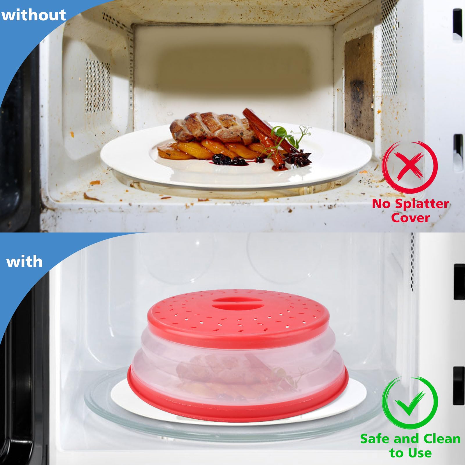 2 Pcs Microwave Splatter Cover Collapsible Microwave Splatter Guard for Food Fruit Vegetables Multi-Purpose Kitchen Gadget for Meal Safe BPA-Free Silicone Plastic Dishwasher-Safe 10.5Inch