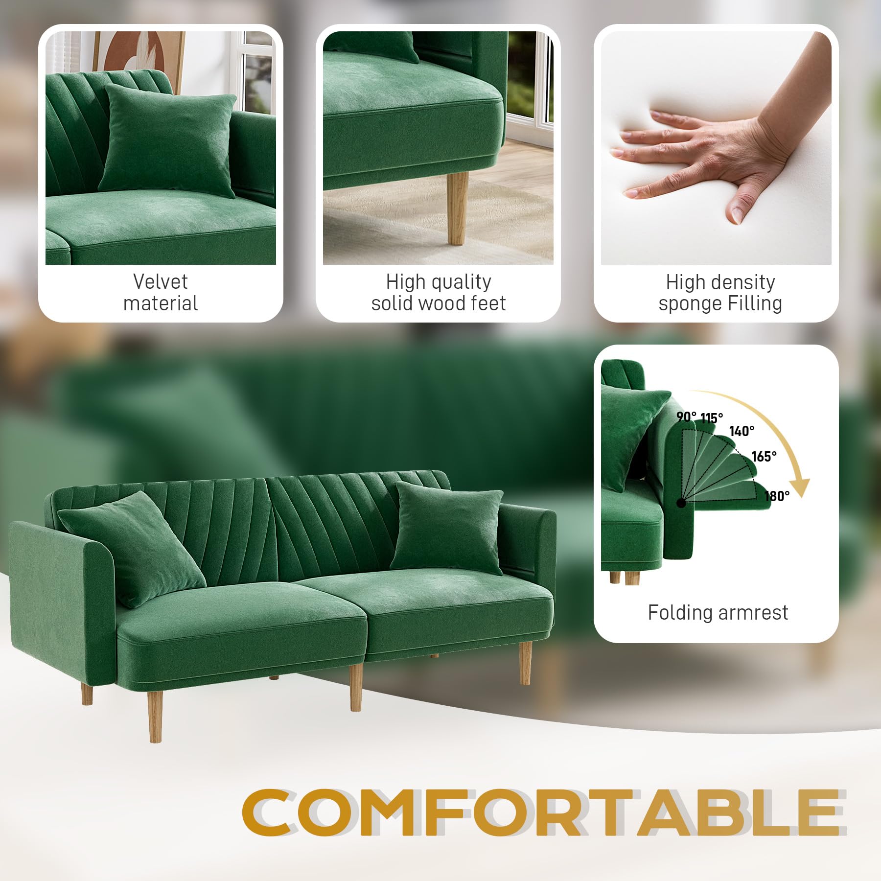 OUYESSIR Velvet Futon Sofa Bed, 75.3" Couch Small Sofa, Loveseat, Convertible Futon Sleeper Sofa with Folding Armrests, Modern Couch for Bedroom, Living Room, Emerald Green