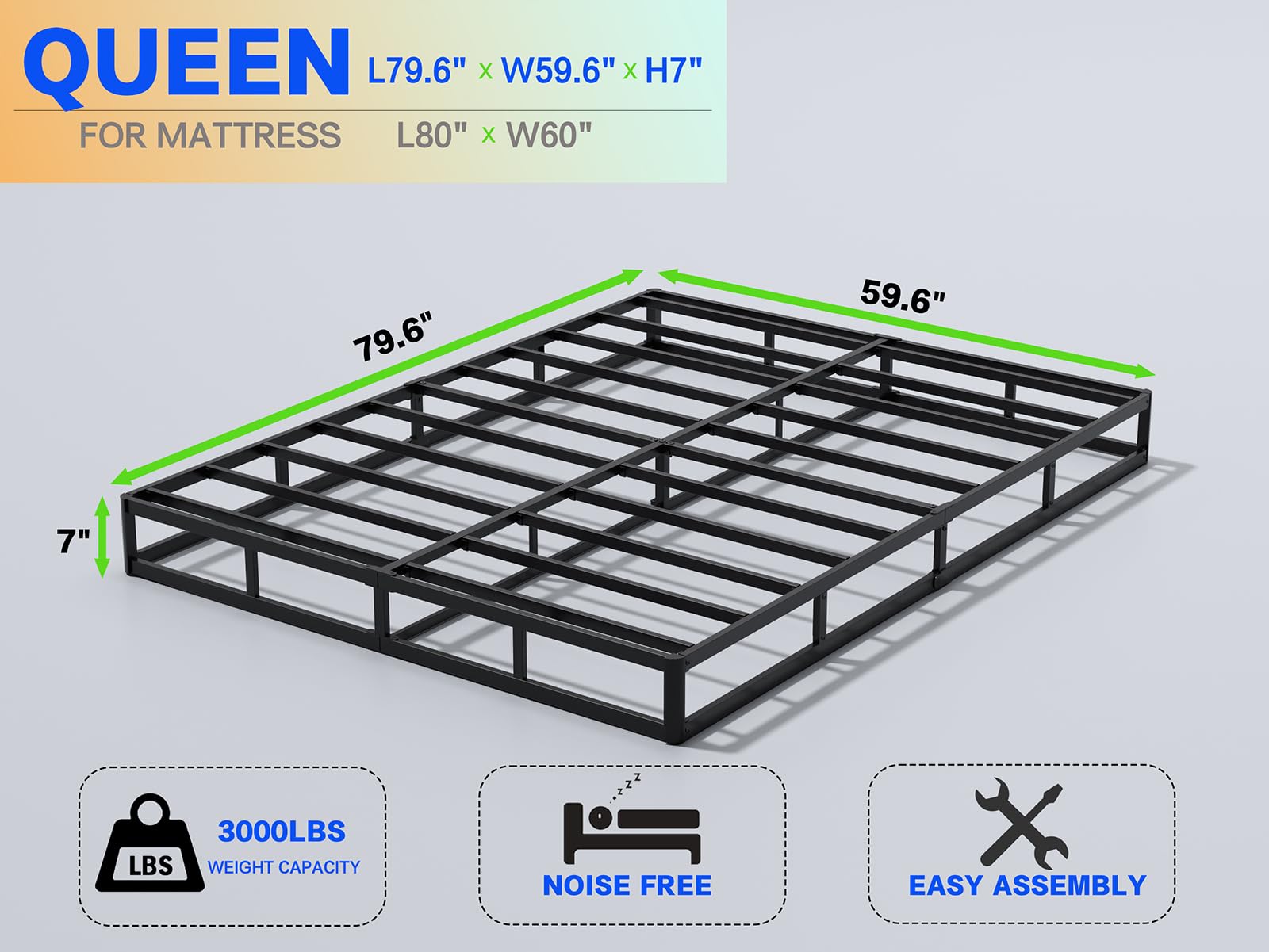 AROMUSTIME 7 Inch Box Spring Queen,Black Heavy Duty Metal Mattress Foundation/Easy Assembly/Non-Slip/No Noise/Easy Clean Fabric Cover