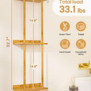 Cozivolife Towel Rack Bamboo for Bathroom, 3 Tier 32.7 inch with 2 Hooks and Shelf Wall Mounted Towel Storage Organizer Shelf, Large Capacity Towel Holder (Natural)