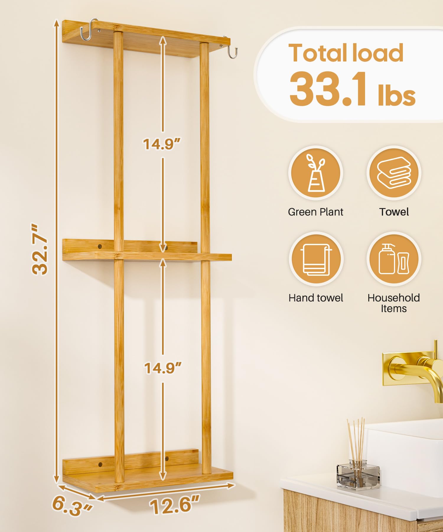 Cozivolife Towel Rack Bamboo for Bathroom, 3 Tier 32.7 inch with 2 Hooks and Shelf Wall Mounted Towel Storage Organizer Shelf, Large Capacity Towel Holder (Natural)