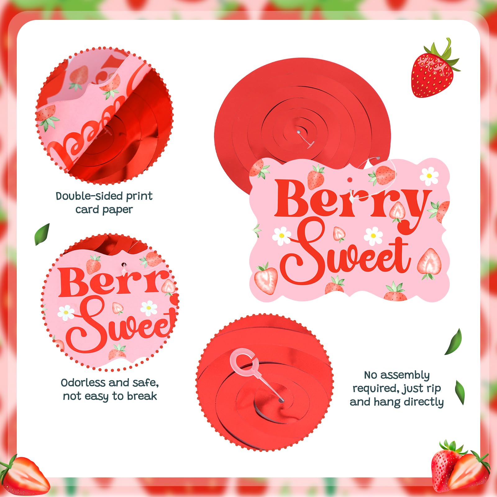 Strawberry Baby Shower Party Hanging Swirls Decorations, Strawberry Theme 1st Birthday Ceiling Streamers, Summer Fruit A Berry Sweet Baby is on the Way Baby Shower Mom to Be Girls First Birthday Party