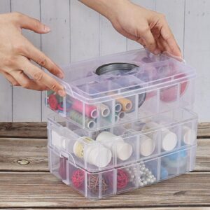 Vababa Clear 3-Tier Stackable Storage Containers with Adjustable 30 Compartments, Jewelry Sewing Storage Box with Handle