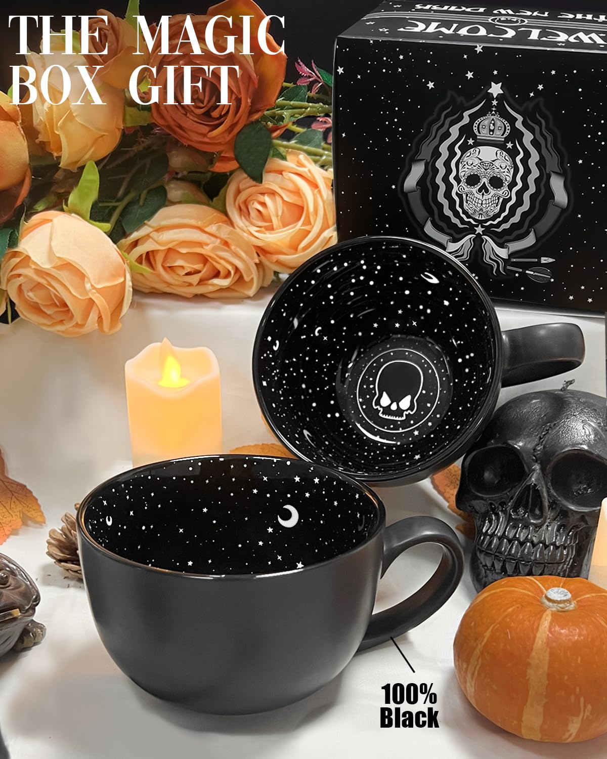 Maaacute Midnight Skull Coffee Mugs with Spoons, Halloween Christmas Birthday White Elephant Weird Gifts for Women Men Girl Friends, Halloween Spooky Witchy Gothis Decor Horror Novelty Tea Cups