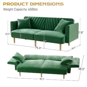 OUYESSIR Velvet Futon Sofa Bed, 75.3" Couch Small Sofa, Loveseat, Convertible Futon Sleeper Sofa with Folding Armrests, Modern Couch for Bedroom, Living Room, Emerald Green