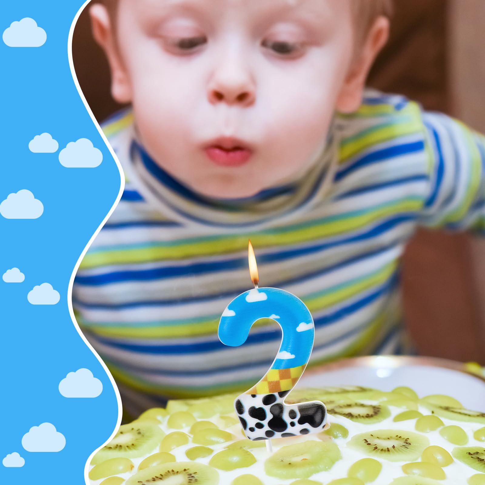 Threlaco Toy Inspire Game Birthday Number Candles Cartoon Birthday Cake Topper Candles Blue Sky and White Cloud Cow Birthday Candle for Boy Girl Party Decor Supplies(Number 2)