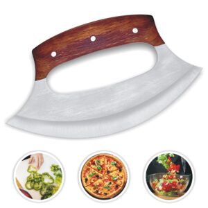 HUNTLUX Stainless Steel Alaskan Ulu Knife With Stand, 6.7" Perfect Pizza Cutter Rocker Knife, Mezzaluna Chopper Knife for Kitchen, Authentic Inuit Eskimo Design, Non-Slip Handle