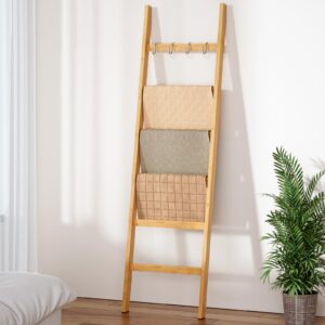 cozivolife blanket ladder 6-tier,bamboo towel rack with 2 anti-tip straps and 4 hooks,ladder shelf easy assembly,wall-leaning blanket rack,rustic decorative farmhouse storage (natural)