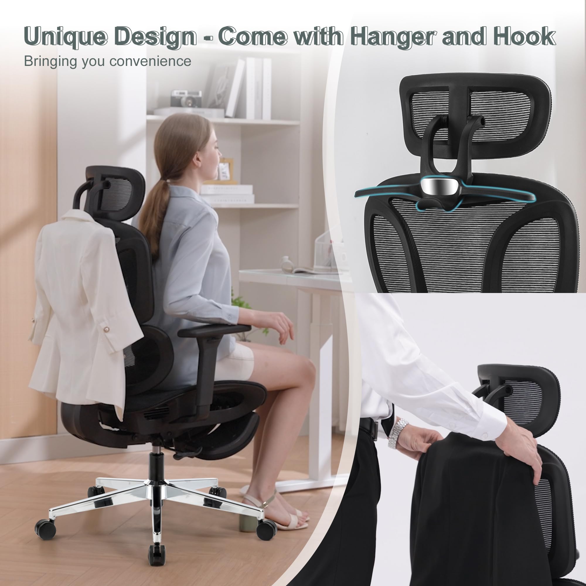 Ergonomic Office Chair with Footrest, Coat Hanger, Breathable All Mesh Home Office Desk Chair, Big and Tall Computer Chair with Metal Legs, Dynamic Lumbar Support, 4D Armrest, 3D Headrest, Black