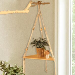 Generic Macrame Hanging Shelf Shelf Rustic White Handmade Corner Rope Shelf for, 32.5cmx23.5cmx75cm, Beige