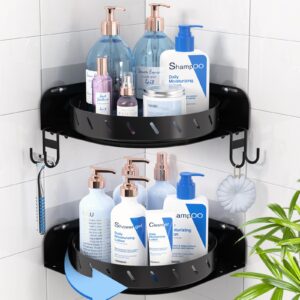 360°rotating corner shower caddy shelf with 6 hooks,2pack bathroom lazy susan shower organizer corner with 5pcs adhesive,stainless steel shower racks for inside shower for home apartment decor(black）