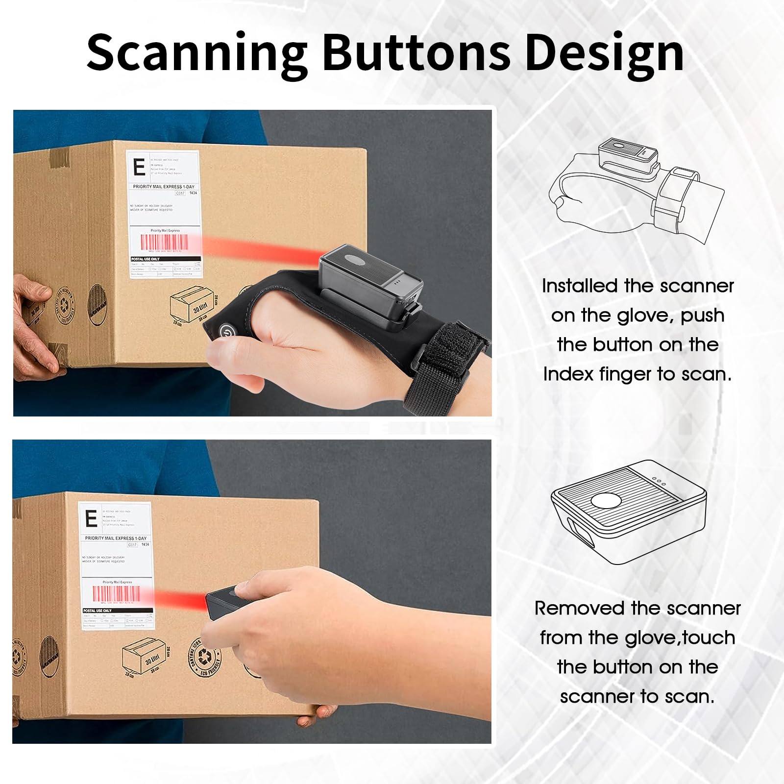 Posunitech Wearable Glove Barcode Scanner 1D 2D Finger Trigger 2.4G Wireless Barcode Reader TG01 Bluetooth Scanner Fast Scanning Comfortable Compatible with iPhone, Android, Tablet, Computer & iPad