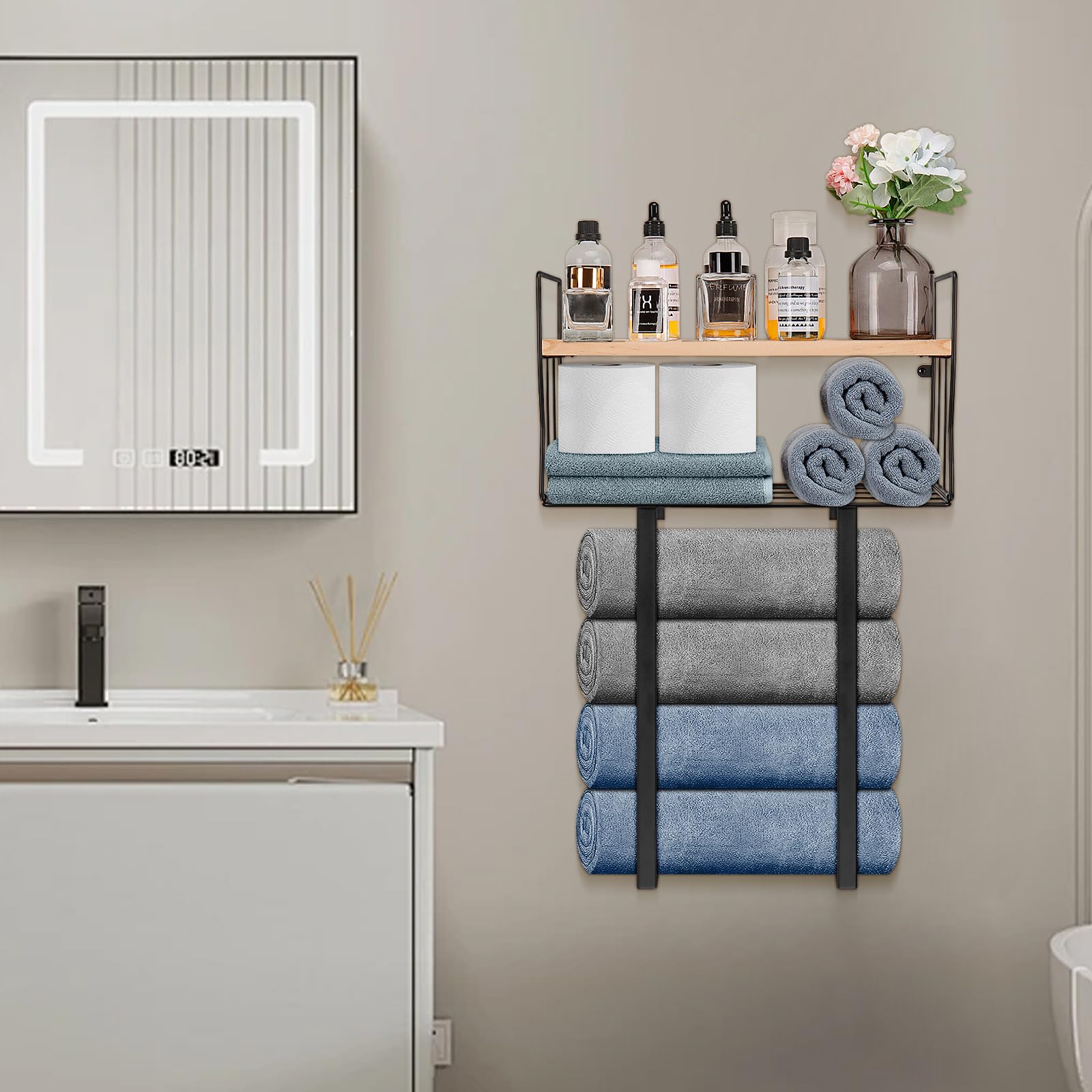 Livabber Towel Racks for Bathroom, Metal Towel Storage Holder for Roll Towels, Wall Mounted Towel Organizer with Storage Basket and Wooden Shelf for Small Bathroom (Black)