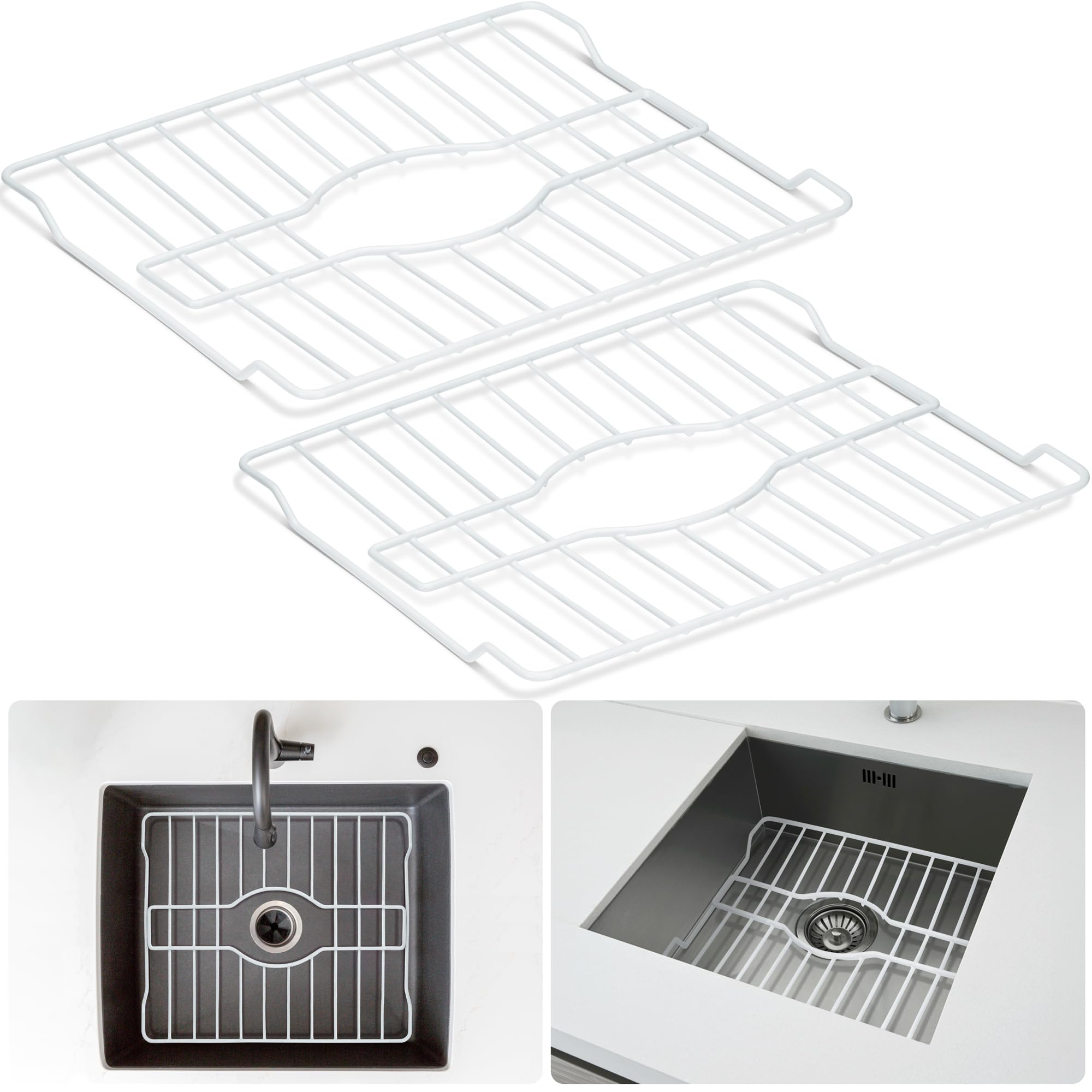 DecorRack Sink Protectors for Kitchen Sink, 12" x 10" Metal Dish Drying Rack for Sink, Sink Grate with Center Drain, Protects from Stains, Scratches, Dishwasher Safe, Standard Size (2 Pack)