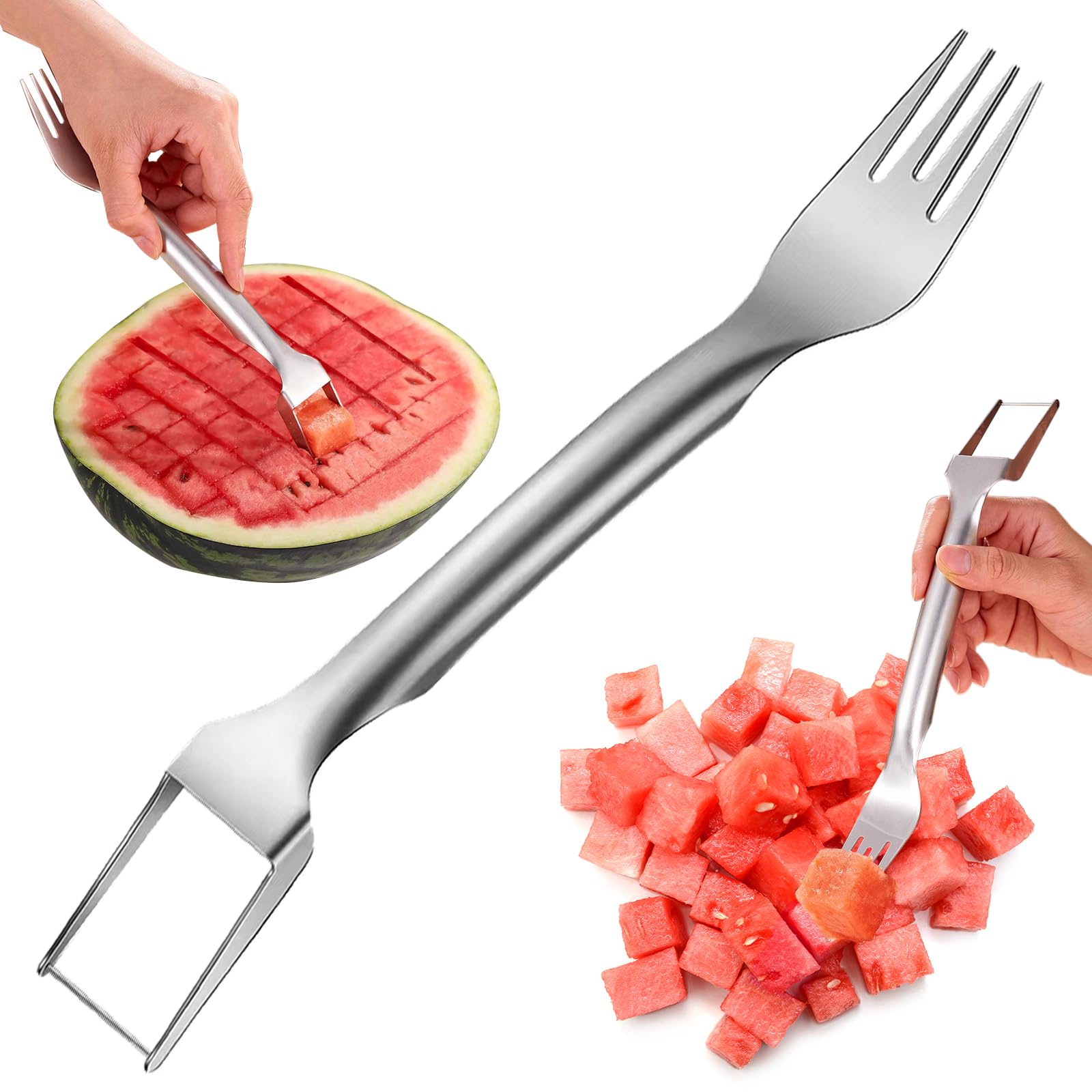 2-in-1 Stainless Steel Fruit Cutter, Dual Head Watermelon Fork Slicer, Fruit Forks Slicer Knife for Home Kitchen (1 Pcs)