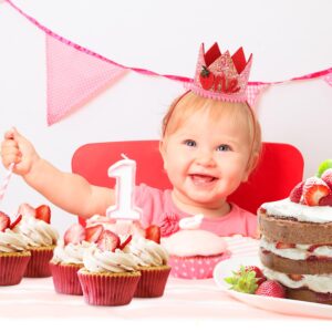 PEUTIER Strawberry 1st Birthday Hat for Baby Girls, Pink Sequin Berry Headwear First Birthday Decoration Sweet One 1st Birthday Headband for Baby Shower Party Decor Photo Props