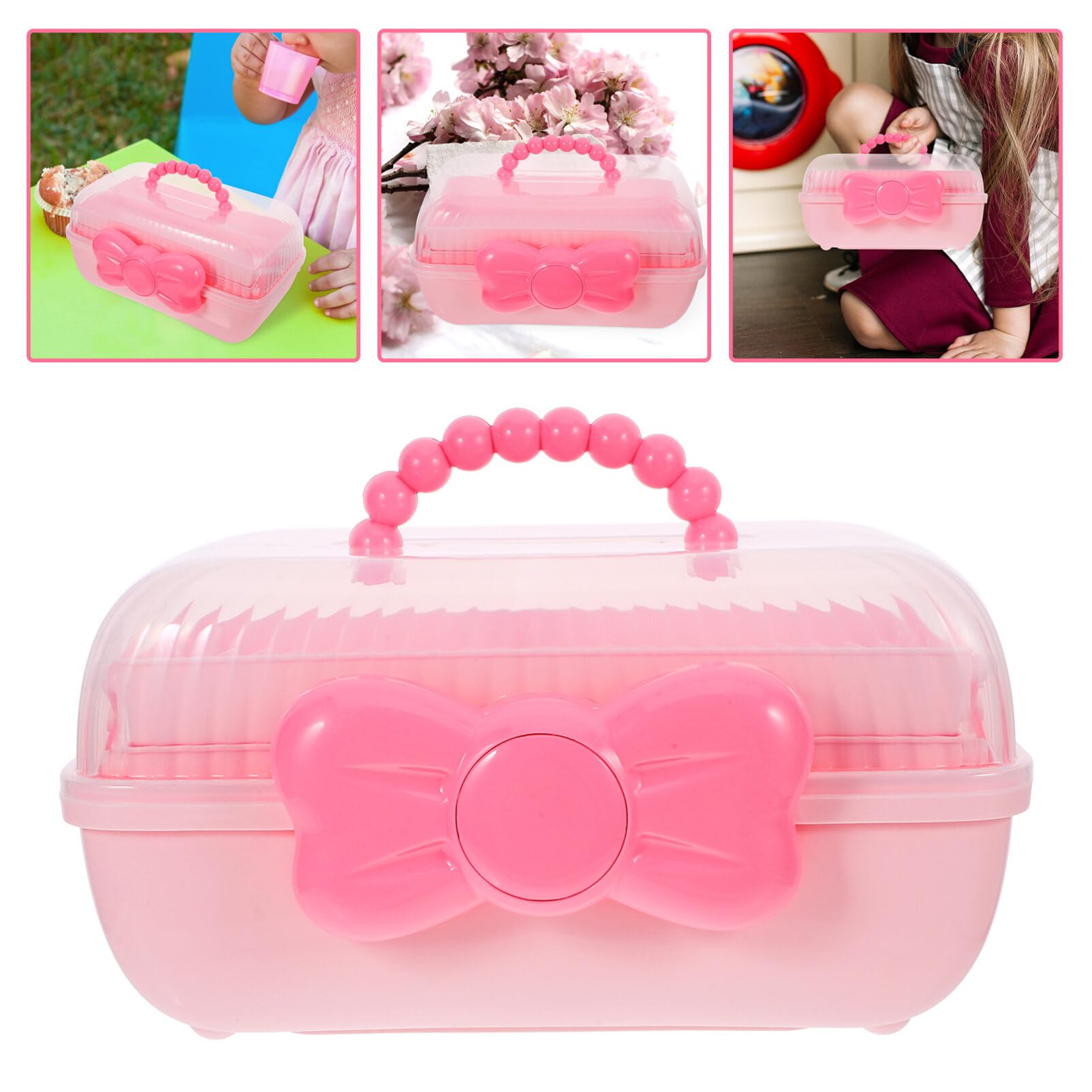 JOINPAYA On-The-go Girl Makeup Box, Hard Plastic Makeup Organizer Box, Two-Layer Art Crafts Case Sewing Supplies Organizer Pink