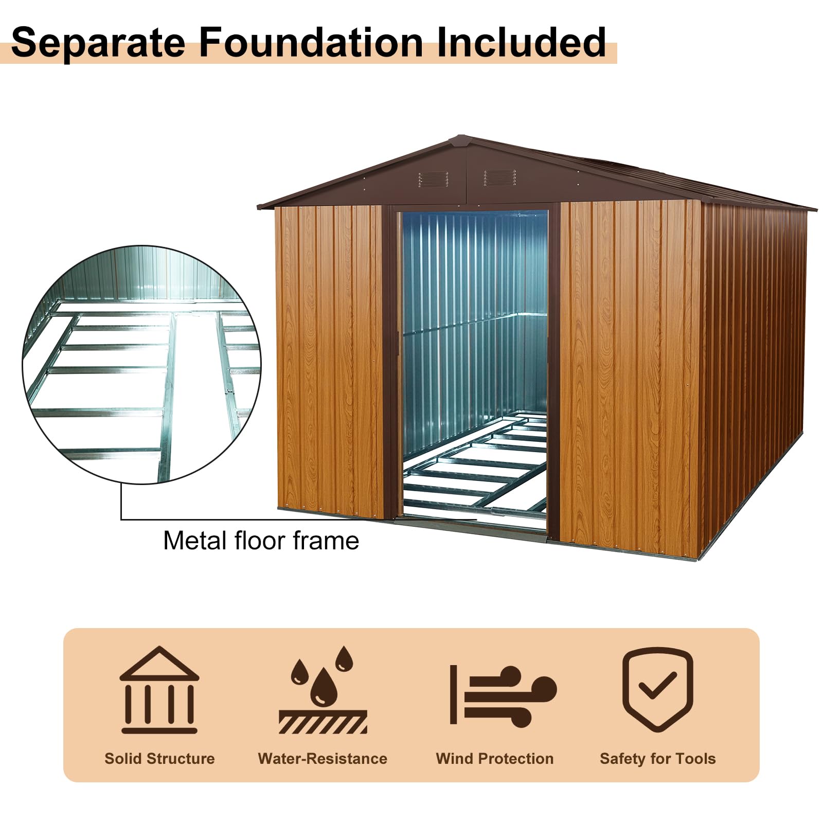 10 x 8 FT Outdoor Storage Shed, Metal Garden Shed with Floor Frame, Large Tool Shed Outdoor Storage with Lockable Sliding Doors & Air Vents, Storage House Waterproof for Backyard, Lawn, Coffee