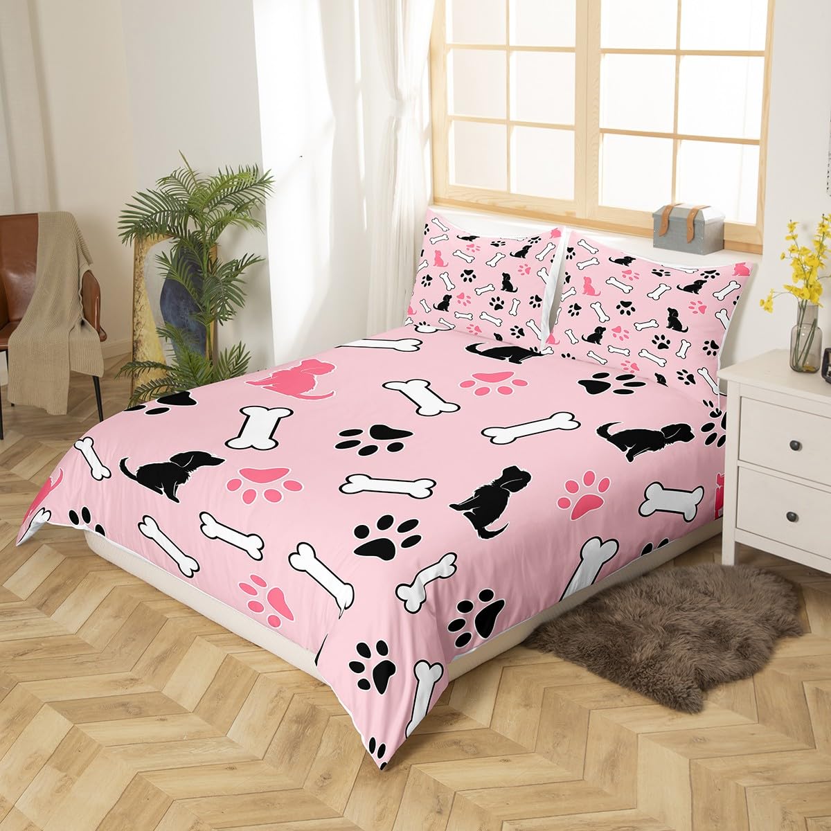 Castle Fairy Cute Dog Pattern Bedding Set,Pink Black White Comforter Cover Set for Teens Women Room Decor,Dog Paw Print Duvet Cover Breathable Kawaii Animals Bedspread Cover Full Size