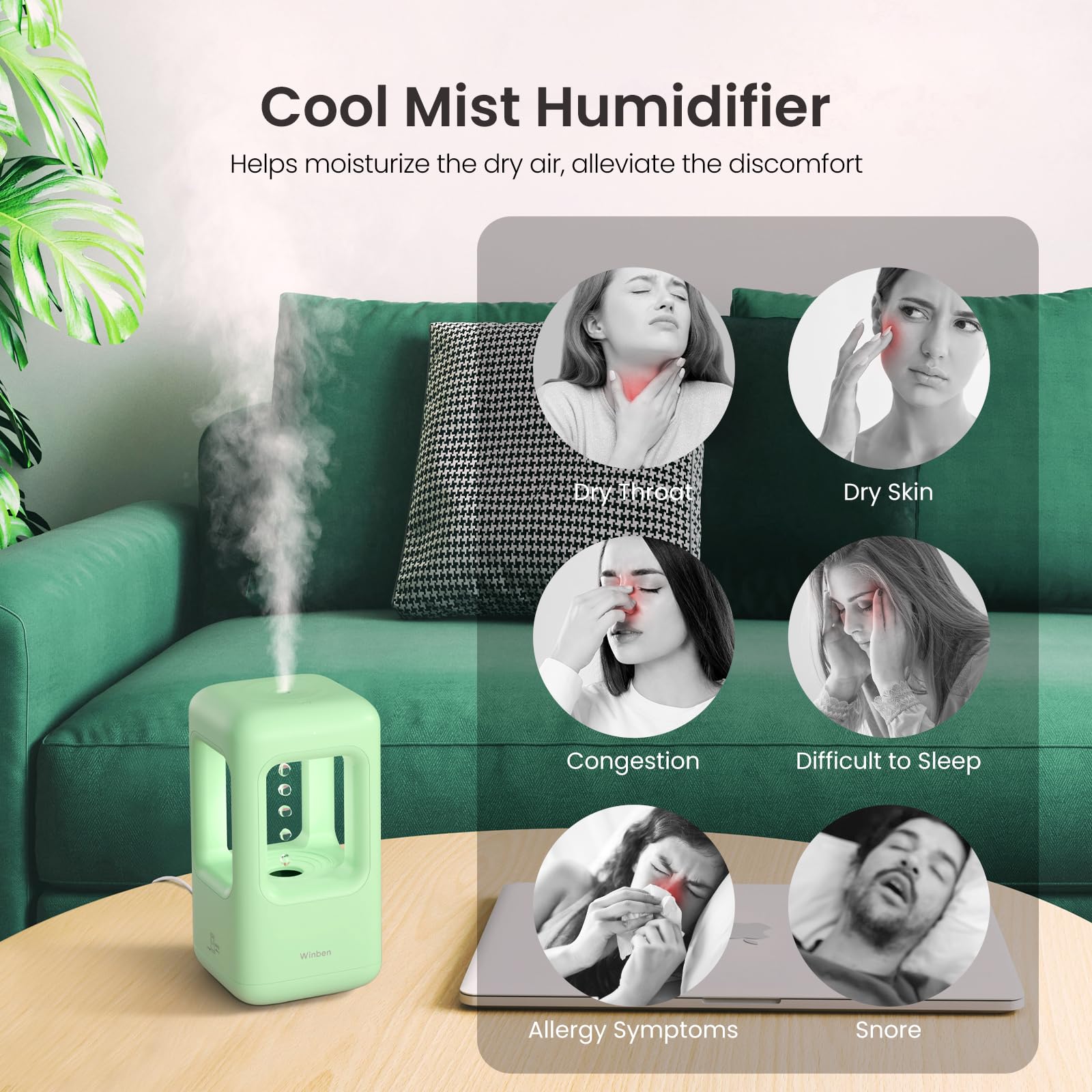 Humidifiers for Bedroom Baby Cool Mist Ultrasonic Humidifiers for Plants Indoor Humidificador Nursery Adults Kids Large Room Home Office Green