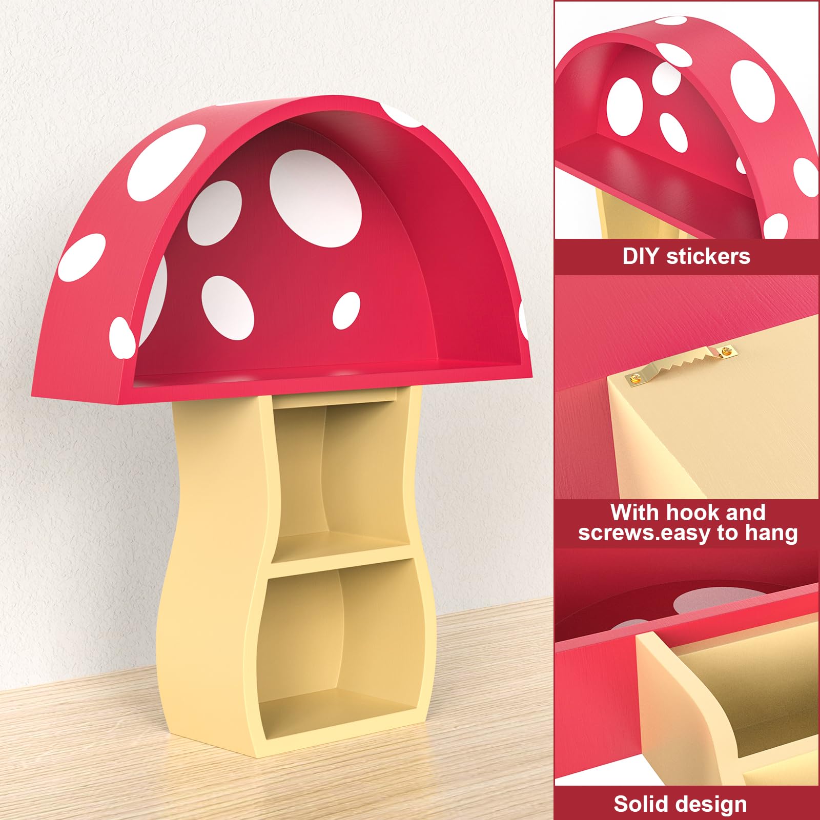 Ybenlld Floating Wooden Mushroom Shelf, Bathroom Shelves,Mushroom Decor,Wall Shelves for Nursery Living Room,Bedroom,Bathroom(Red+Wood)