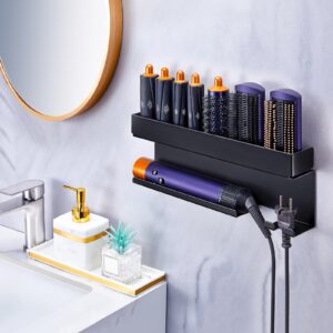 WAYASI Blow Dryer Holder Wall Mounted Hair Straightener Holder, Blow Dryer and Curling Iron Holder for 7 in 1 Styler Attachments, Black Hair Dryer Holder, Bathroom Hair Tools Organizer and storage