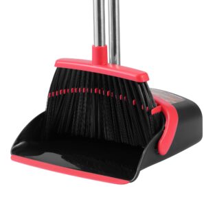 broom and dustpan set,55-in long adjustable handle broom with dustpan combo for sweeping home office kitchen lobby floor pet hair indoor&outdoor cleaning (black and red)