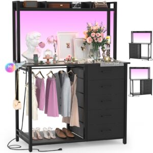 cyclysio dresser for bedroom with hutch & clothes rack, 70'' tall 5 drawers dresser with shelves, black dresser closet with charging station & led lights, tv stand dresser with hooks, bedroom, closet