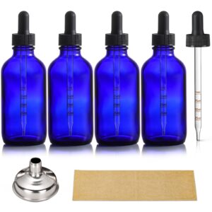 4 pack 4oz glass dropper bottles with measured dropper - 120ml dark blue tincture bottles with graduated calibrated glass eye droppers (1ml) for essential oils, liquids - leakproof travel bottles