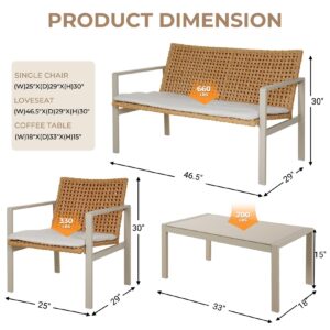 Grand patio Outdoor Furniture Set, 4-Piece Wicker Patio Furniture Set with Beige Cushions, Modern Metal Conversation Loveseat Chairs with Glass Top Coffee Table for Porch Deck Backyard Balcony