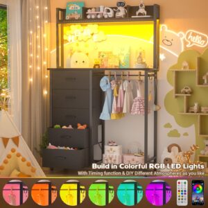 Cyclysio Dresser for Bedroom with Hutch & Clothes Rack, 70'' Tall 5 Drawers Dresser with Shelves, Black Dresser Closet with Charging Station & LED Lights, TV Stand Dresser with Hooks, Bedroom, Closet