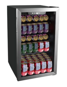 frigidaire efmis2415 beverage refrigerator, glass door, compact mini fridge with digital temperature control, fits 115 cans or 34 bottles, 96l capacity-19.1" d x 17.5" w x 31.2" h, stainless