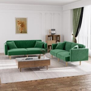 OUYESSIR Velvet Futon Sofa Bed, 75.3" Couch Small Sofa, Loveseat, Convertible Futon Sleeper Sofa with Folding Armrests, Modern Couch for Bedroom, Living Room, Emerald Green