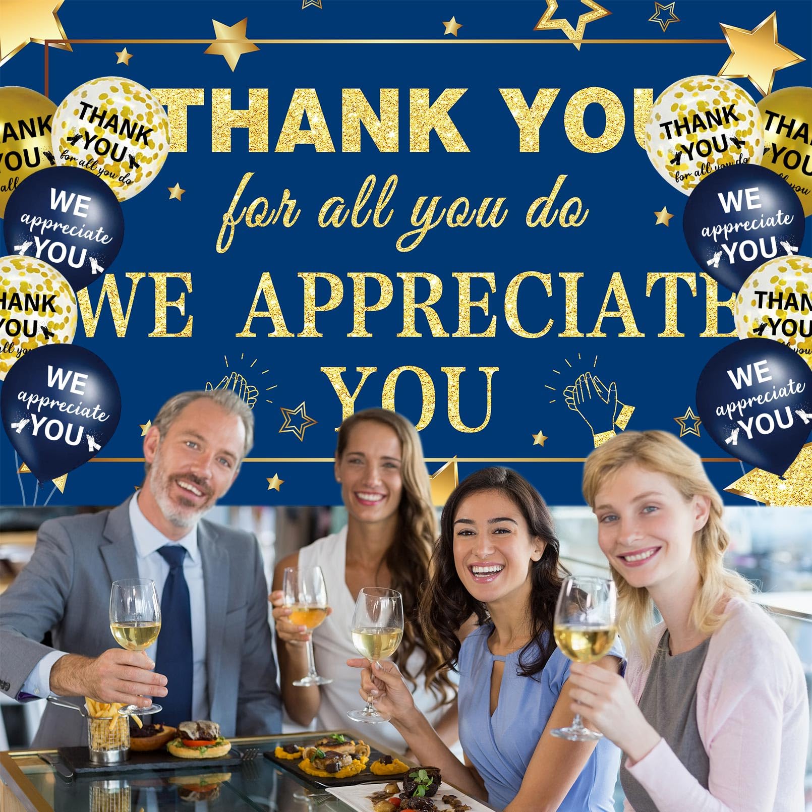 We Appreciate You Decorations Navy Blue Gold Appreciate You Banner with 18pcs Balloons Thank You Backdrop for Teacher Employee Staff Doctors Nurse Poaster Volunteer Appreciation Week Party Decor