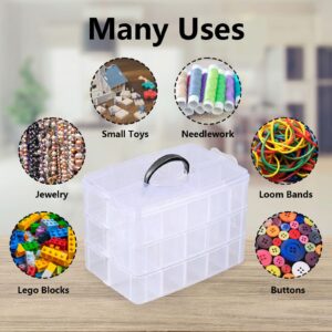 Vababa Clear 3-Tier Stackable Storage Containers with Adjustable 30 Compartments, Jewelry Sewing Storage Box with Handle