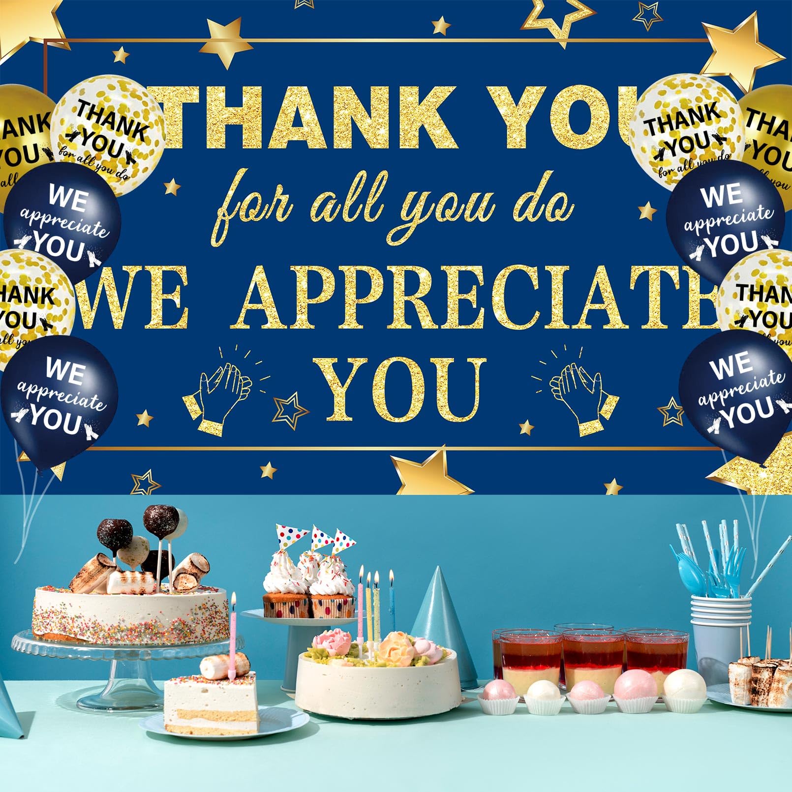 We Appreciate You Decorations Navy Blue Gold Appreciate You Banner with 18pcs Balloons Thank You Backdrop for Teacher Employee Staff Doctors Nurse Poaster Volunteer Appreciation Week Party Decor