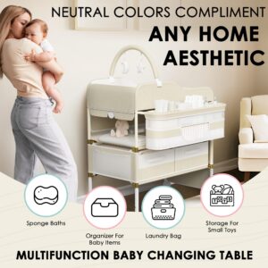 Portable Baby Changing Table with Wheels - Modern Dresser Changing Tables w/Hanging Toys, Laundry Bag, Changing Table Organizer Boxes - Folding Waterproof Baby Diaper Changing Station for Nursery