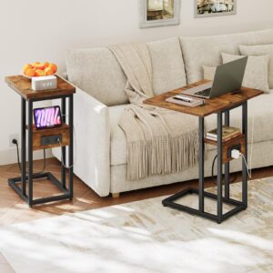 HOOBRO Foldable End Table, C Shaped Side Table with Charging Station, Sofa Couch Table That Slide Under for Living Room Bedroom Small Spaces, Easy Assembly, Rustic Brown and Black BF29USF01