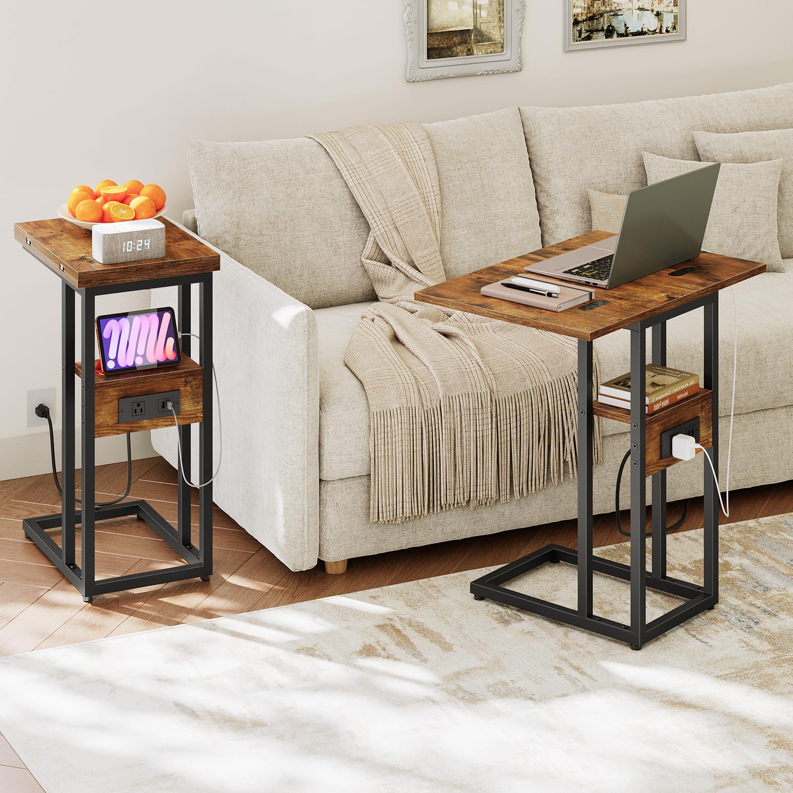 HOOBRO Foldable End Table, C Shaped Side Table with Charging Station, Sofa Couch Table That Slide Under for Living Room Bedroom Small Spaces, Easy Assembly, Rustic Brown and Black BF29USF01