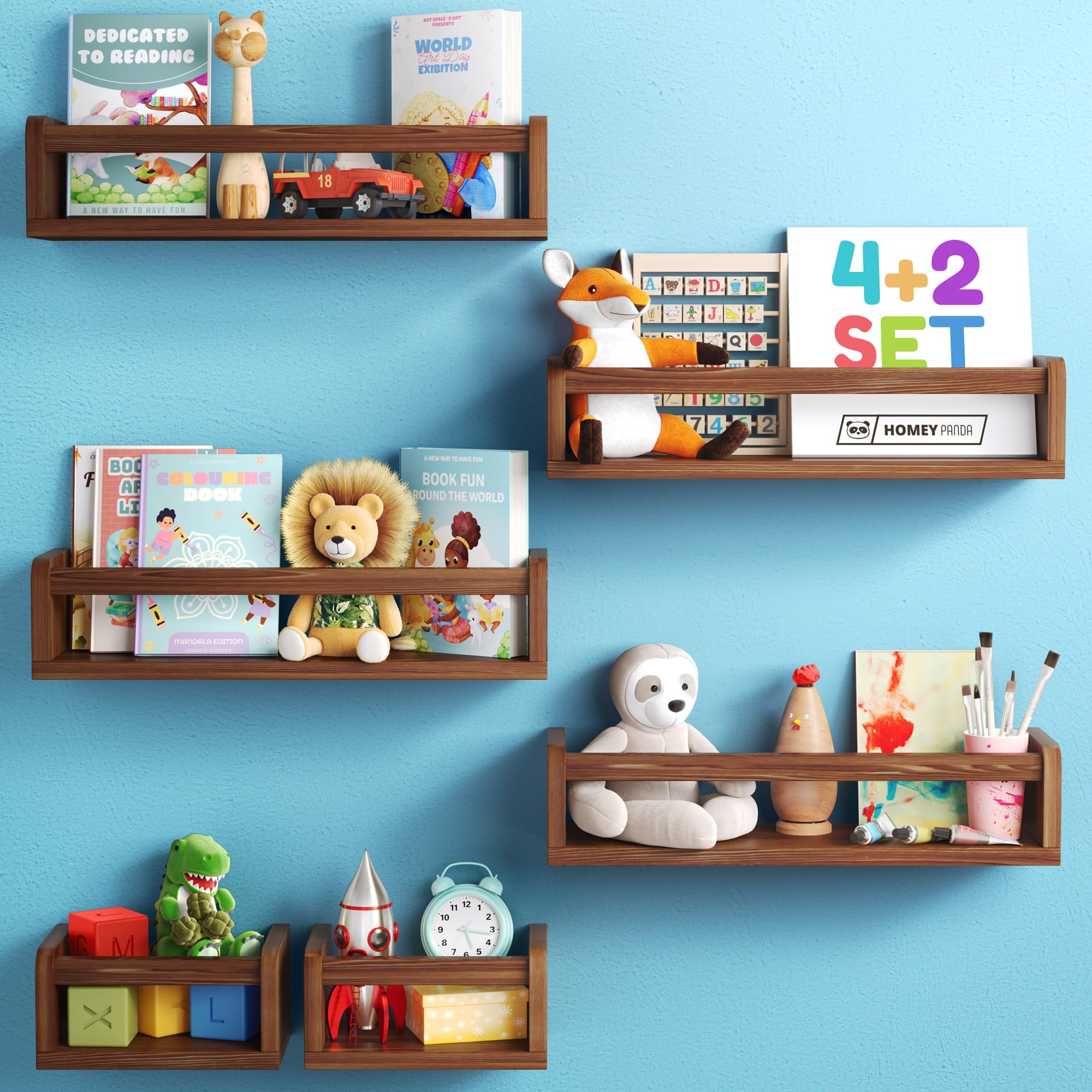 HOMEY PANDA 4+2 Floating Nursery Book Shelves for Wall: 4 Long & 2 Mini Shelves, Bookshelf for Kids & Baby Bookshelf, Nursery Book Shelf for Kids Rooms. Nursery Bookshelf (6-in-1 Walnut)