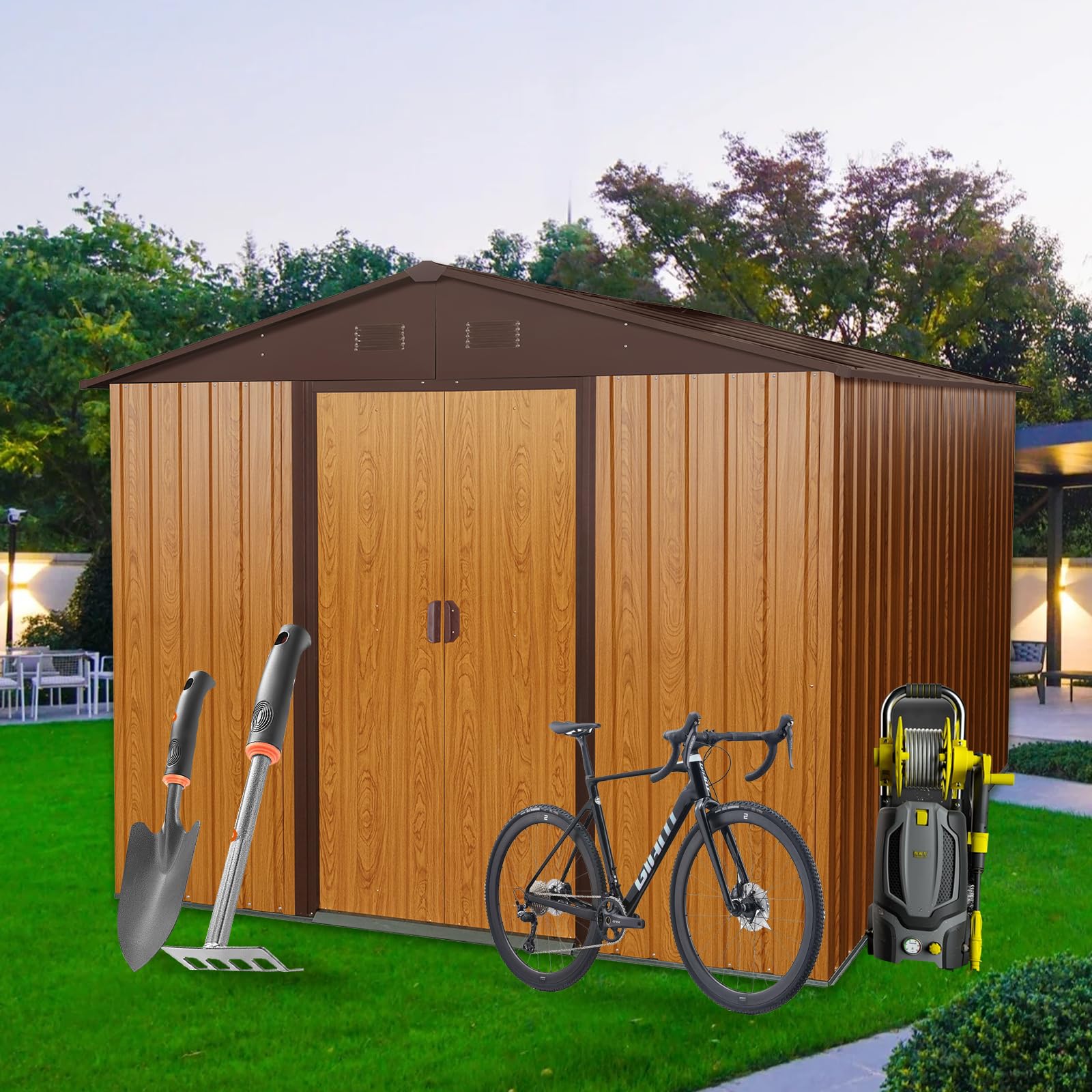 10 x 8 FT Outdoor Storage Shed, Metal Garden Shed with Floor Frame, Large Tool Shed Outdoor Storage with Lockable Sliding Doors & Air Vents, Storage House Waterproof for Backyard, Lawn, Coffee