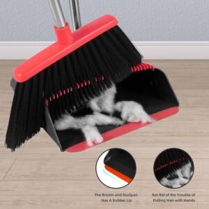 Broom and Dustpan Set,55-in Long Adjustable Handle Broom with Dustpan Combo for Sweeping Home Office Kitchen Lobby Floor Pet Hair Indoor&Outdoor Cleaning (Black and Red)